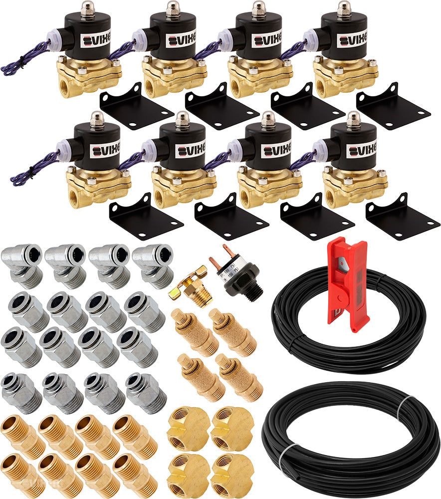 VIXEN AIR VXK3804H 3/8" NPT AIR RIDE SUSPENSION HIGH FLOW ELECTRIC AIR VALVES/SOLENOIDS 210 PSI FOUR CORNERS WITH FITTINGS AND HOSES image 0