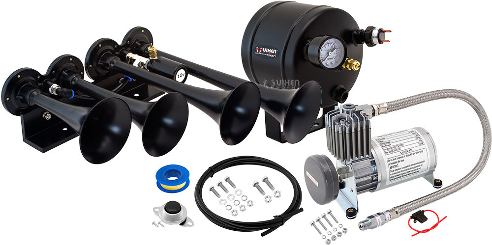 VIXEN HORNS VXO8805/4124B QUAD TRUMPET TRAIN AIR HORN BLACK WITH 0.5 GALLON TANK AND 150 PSI COMPRESSOR image 0