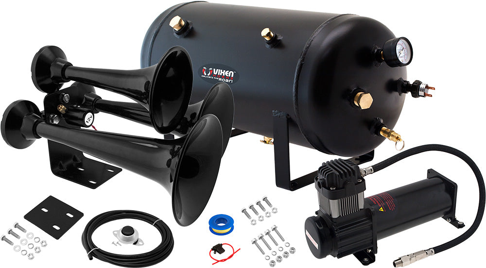 VIXEN HORNS VXO8350B/3318XB TRIPLE TRUMPET ABS TRAIN AIR HORN BLACK WITH 5 GALLON TANK AND 200 PSI COMPRESSOR image 0