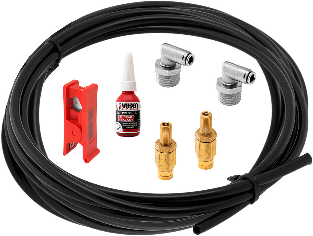 VIXEN AIR VXK9914 20 FEET 1/4" OD AIRLINE/HOSE REPLACEMENT KIT W/FITTINGS, SCHRADER VALVE, CUTTER AND THREAD SEALANT FOR SUSPENSION/AIR RIDE image 0