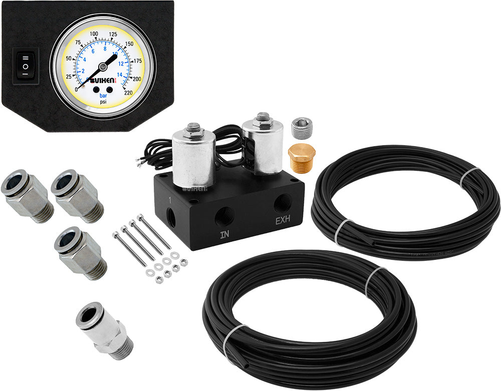 VIXEN AIR VXF1CM01W 2 VALVE SUSPENSION MANIFOLD WITH ONE SINGLE NEEDLE WHITE GAUGE PANEL, 3/8" OD HOSE 50 FT, 1/4" OD HOSE 35 FT AND FITTINGS image 0