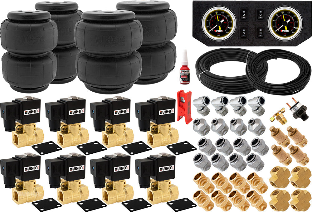 VIXEN AIR VXK1209PB 1/2" NPT AIR RIDE SUSPENSION HIGH FLOW AIR VALVES WITH FOUR AIR SPRINGS, PRESSURE SWITCH, GAUGE DASH PANEL, HOSES AND FITTINGS image 0