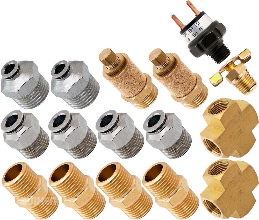 VIXEN AIR VXK1233 SET OF FITTINGS FOR FOUR 1/2" NPT AIR VALVES USING 3/8" AND 1/4" OD AIR LINES, PRESSURE SWITCH INCLUDED image 0