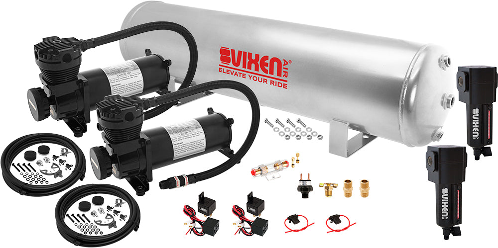 VIXEN AIR VXO4852GDBF 5 GALLON STEEL AIR TANK SILVER WITH DUAL 200 PSI AIR COMPRESSOR ONBOARD AIR SYSTEM image 0