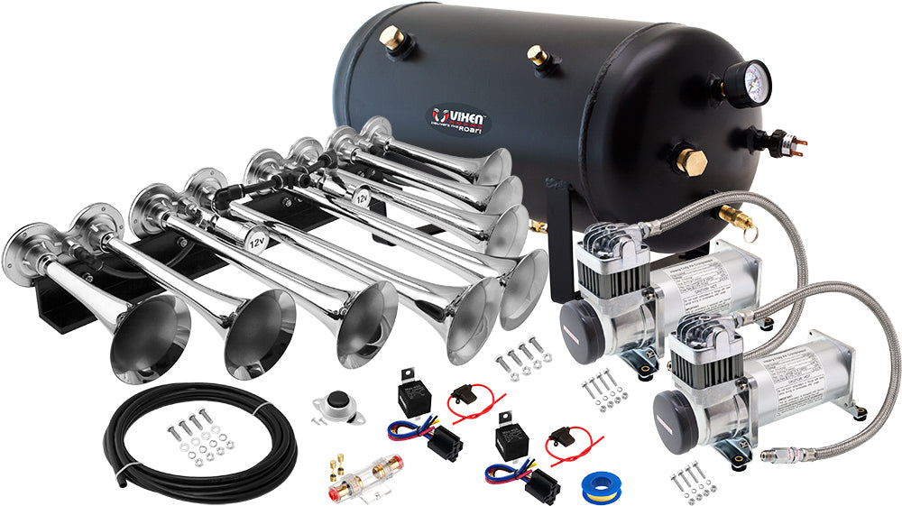 VIXEN HORNS OCTOPOD™ VXO8350DP/8124XC OCTO TRUMPET TRAIN AIR HORN CHROME PLATED WITH 5 GALLON TANK AND DUAL 200 PSI COMPRESSOR image 0