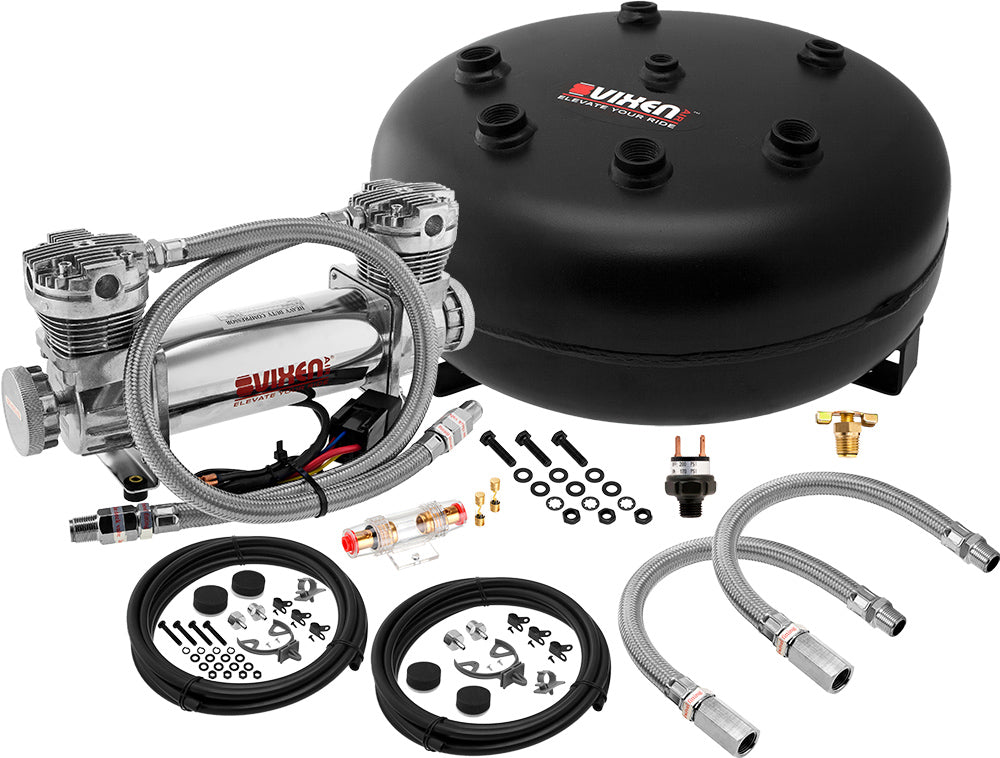 VIXEN AIR VXO8840DC 4 GALLON STEEL PANCAKE AIR TANK WITH DUAL CYLINDER 300 PSI AIR COMPRESSOR ONBOARD AIR SYSTEM image 0