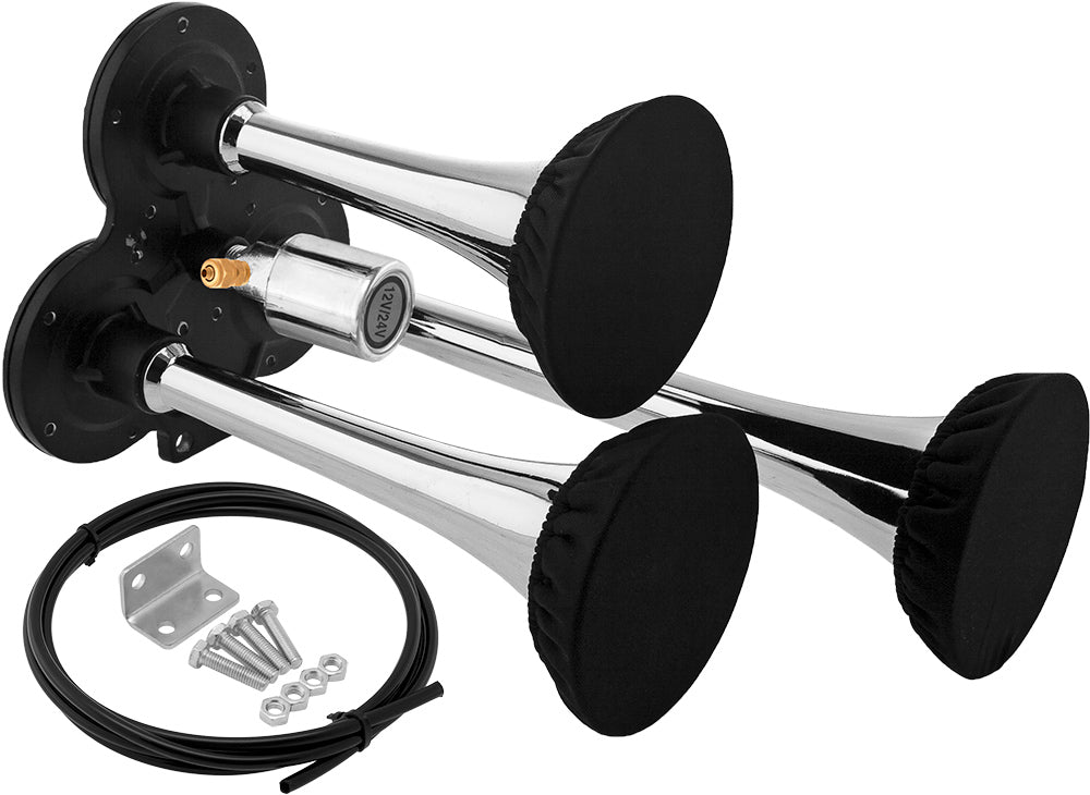 VIXEN HORNS VXH3311C/P TRIPLE TRUMPET TRAIN AIR HORN WITH COVERS CHROME PLATED image 0