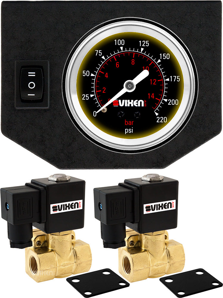 VIXEN AIR VXF0G4038B 3/8" NPT ELECTRIC AIR VALVE (SOLENOID) 250PSI 12V (2-PACK) WITH 1 SINGLE NEEDLE GAUGE/1 SWITCH DASH PANEL KIT BLACK image 0