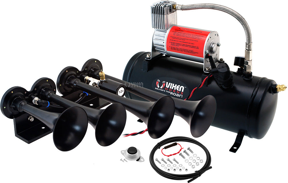 VIXEN HORNS VXO8530/4124B QUAD TRUMPET TRAIN AIR HORN BLACK WITH 1.5 GALLON TANK AND 150 PSI COMPRESSOR image 0