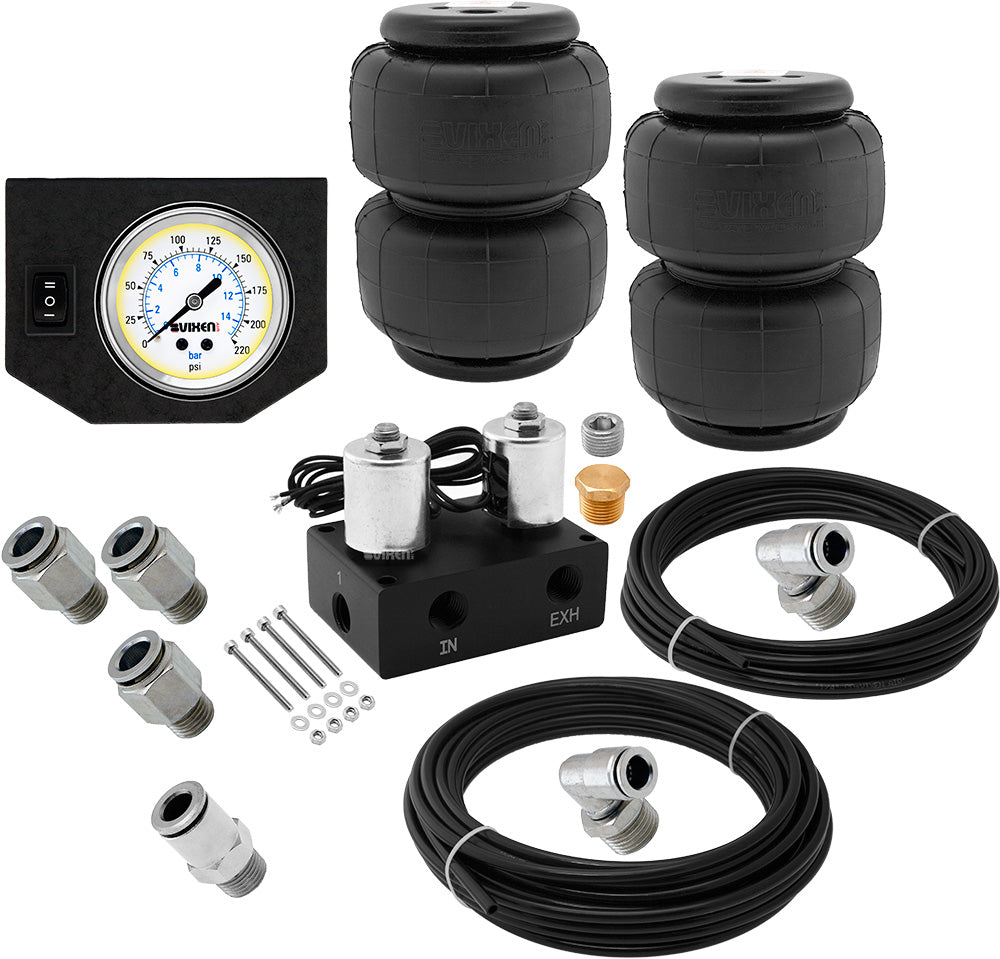 VIXEN AIR VXF1CM0125W 2 VALVE SUSPENSION MANIFOLD WITH TWO 2500 AIR SPRINGS, ONE SINGLE NEEDLE WHITE GAUGE PANEL, 3/8" OD HOSE 50 FT, 1/4" OD HOSE 35 FT AND FITTINGS image 0