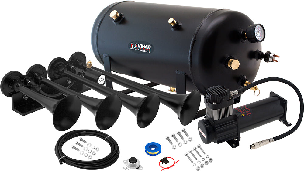 VIXEN HORNS VXO8350B/4124XB QUAD TRUMPET TRAIN AIR HORN BLACK WITH 5 GALLON TANK AND 200 PSI COMPRESSOR image 0