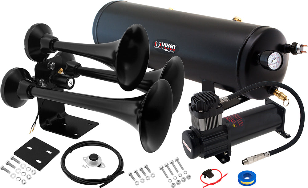 VIXEN HORNS VXO8330B/3318B TRIPLE TRUMPET TRAIN AIR HORN BLACK WITH 3 GALLON TANK AND 200 PSI COMPRESSOR image 0