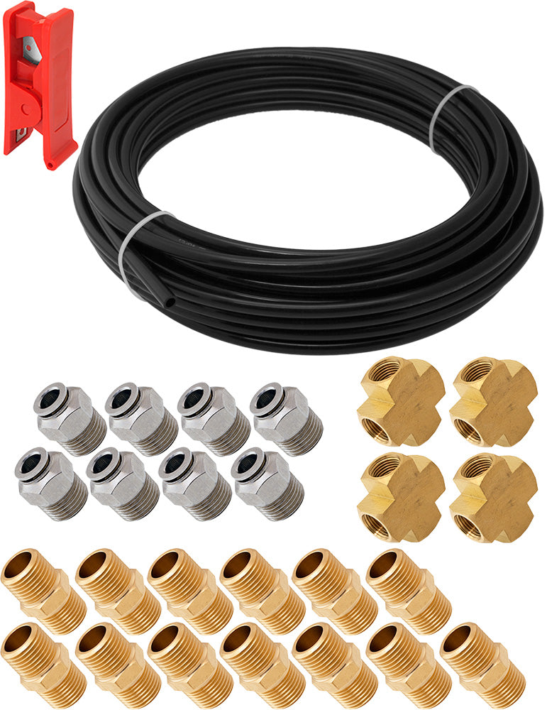 VIXEN AIR VXK1220H SET OF FITTINGS FOR EIGHT 1/2" NPT AIR VALVES WITH 50 FEET 3/8" OD AIR LINE AND HOSE CUTTER image 0