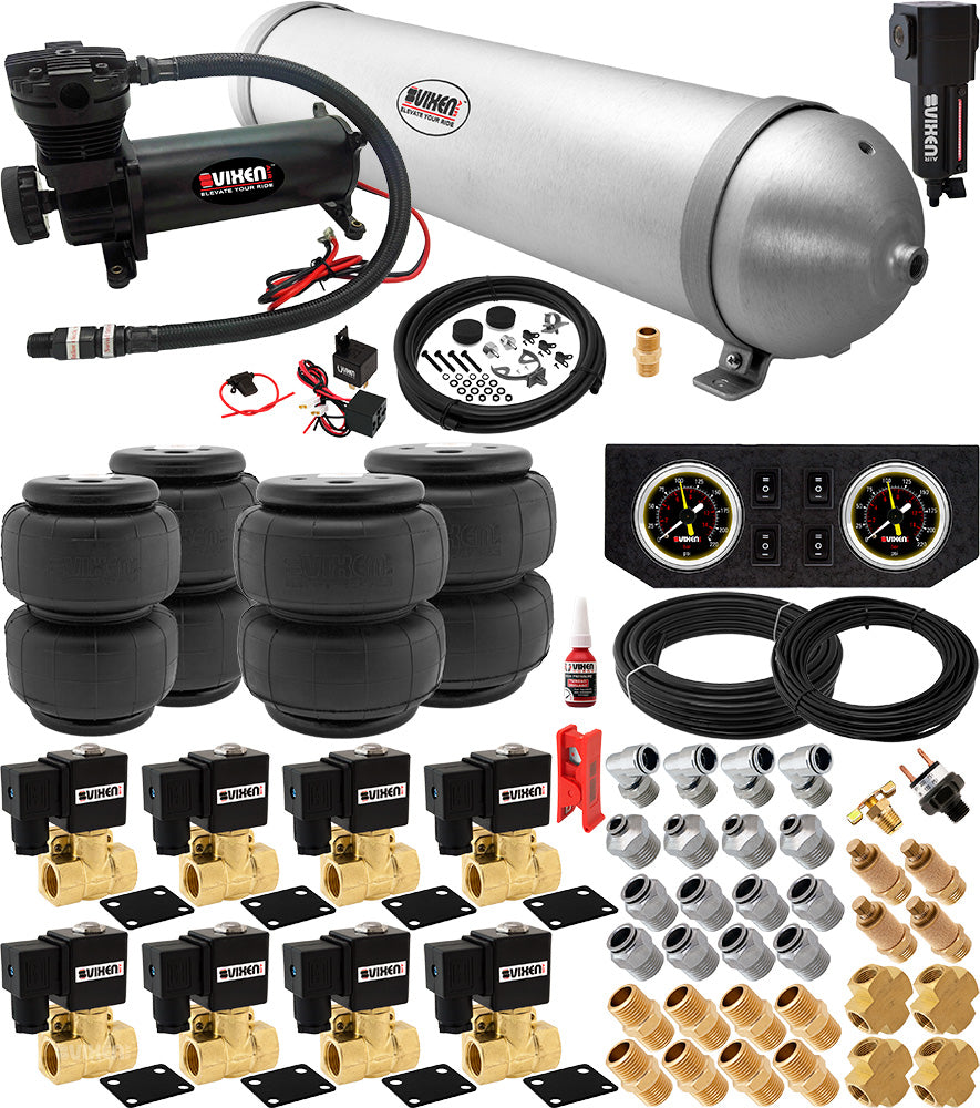 VIXEN AIR VXX1209PB/4850BF AIR SUSPENSION KIT FOR TRUCK/CAR BAG/AIR RIDE/SPRING. ON BOARD SYSTEM, 200PSI COMPRESSOR, 5 GALLON ALUMINUM TANK image 0