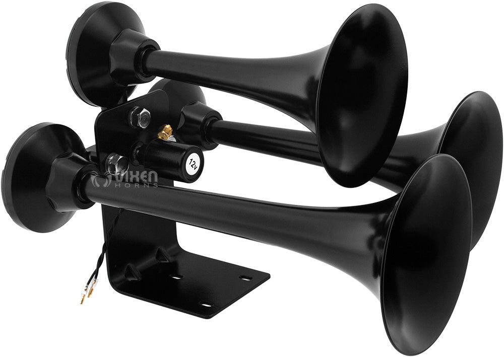 VIXEN HORNS VXO8560/3318B TRIPLE TRUMPET TRAIN AIR HORN BLACK WITH 2 GALLON TANK AND 150 PSI COMPRESSOR image 1