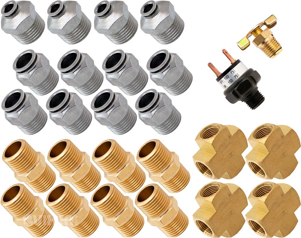 VIXEN AIR VXK1206 SET OF FITTINGS FOR EIGHT 1/2" NPT AIR VALVES USING 1/2" AND 1/4" OD AIR LINES, PRESSURE SWITCH INCLUDED image 1