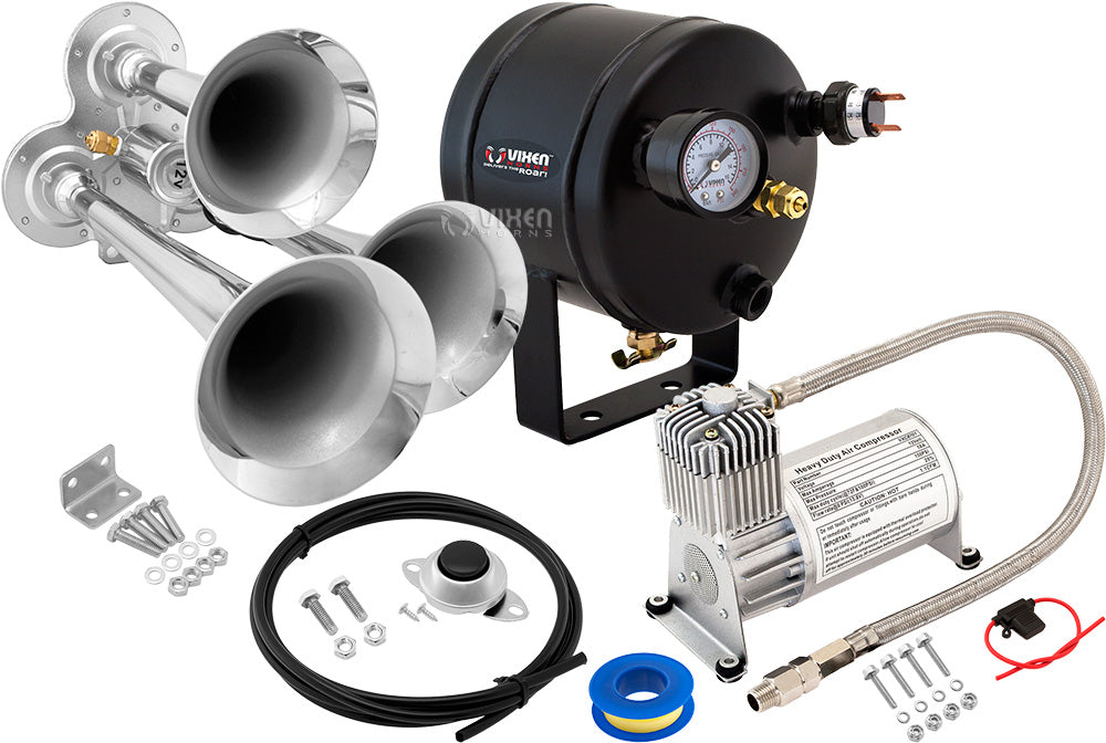 VIXEN HORNS VXO8705/3114 TRIPLE TRUMPET TRAIN AIR HORN CHROME PLATED WITH 0.5 GALLON TANK AND 150 PSI COMPRESSOR image 0