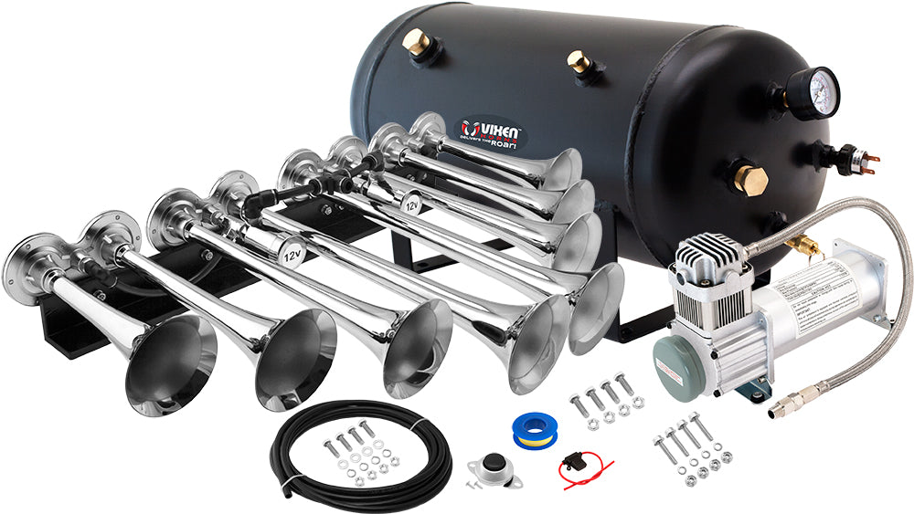 VIXEN HORNS OCTOPOD™ VXO8350/8124XC OCTO TRUMPET TRAIN AIR HORN CHROME PLATED WITH 5 GALLON TANK AND 200 PSI COMPRESSOR image 0
