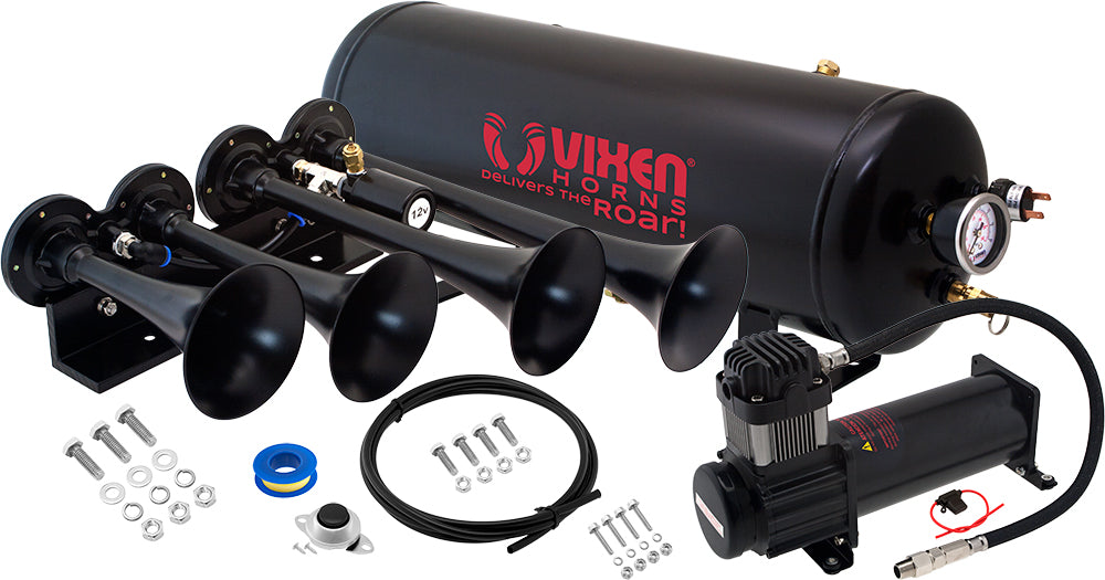 VIXEN HORNS VXO8325B/4124B QUAD TRUMPET TRAIN AIR HORN BLACK WITH 2.5 GALLON TANK AND 200 PSI COMPRESSOR image 0