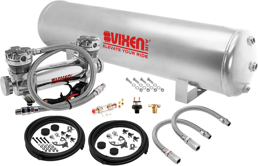 VIXEN AIR VXO8852GDC 5 GALLON STEEL AIR TANK SILVER WITH DUAL CYLINDER 300 PSI AIR COMPRESSOR ONBOARD AIR SYSTEM image 0