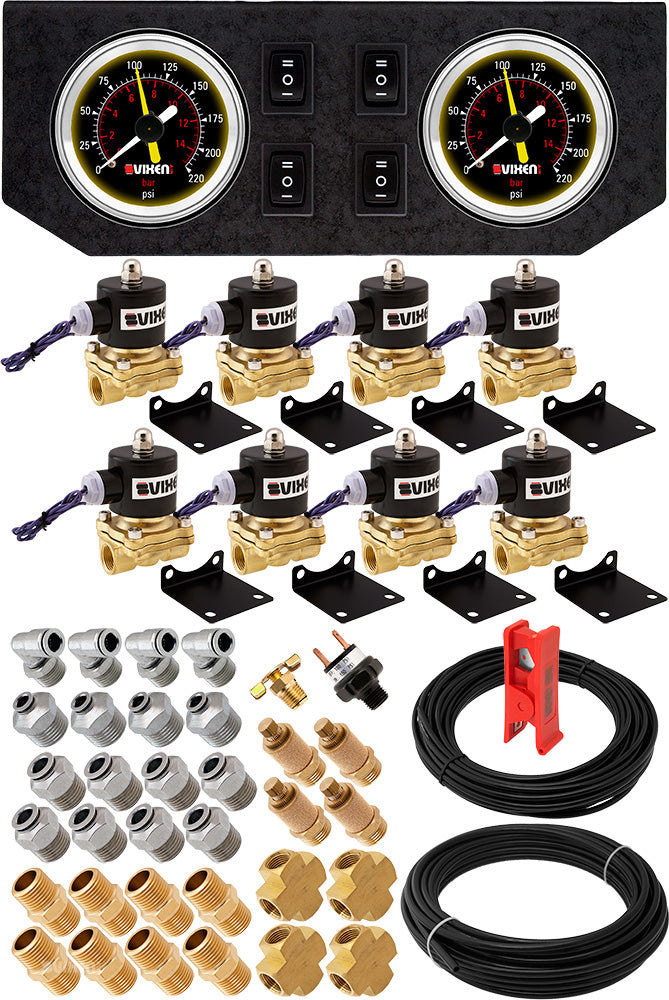 VIXEN AIR VXK1204GB 1/2" NPT AIR RIDE SUSPENSION HIGH FLOW AIR VALVES/SOLENOIDS 210 PSI FOUR CORNERS WITH DUAL BLACK GAUGE, FITTINGS AND HOSES image 0