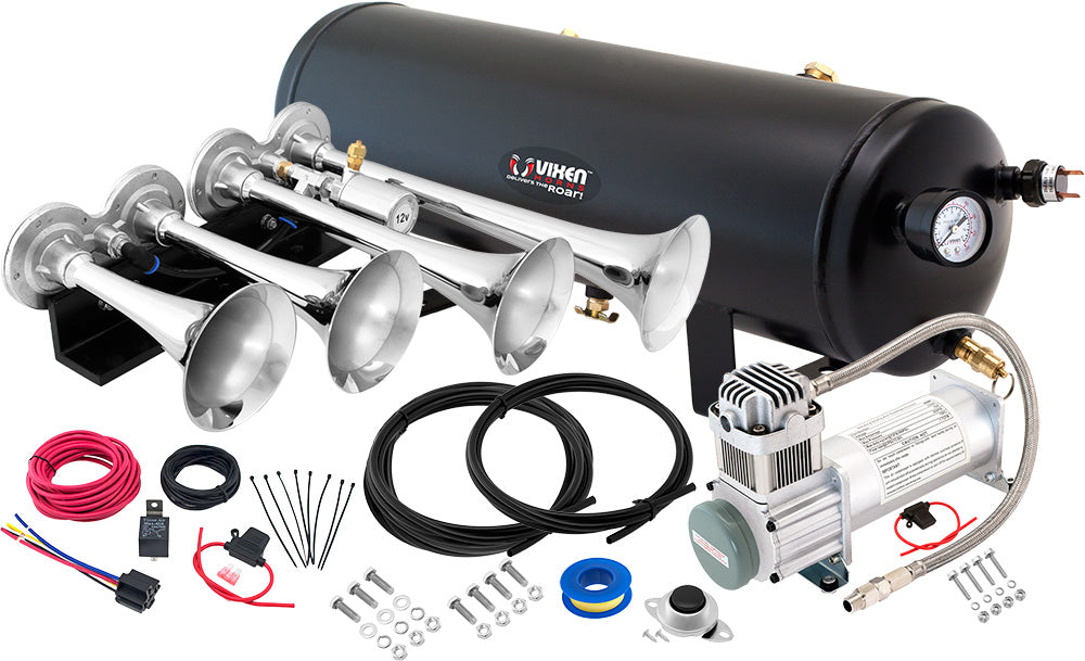 VIXEN HORNS VXPRO8324C QUAD TRUMPET TRAIN AIR HORN CHROME PLATED WITH 3 GALLON TANK AND 200 PSI COMPRESSOR image 0