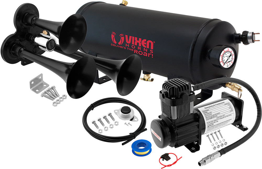 VIXEN HORNS VXO8115B/3311B TRIPLE TRUMPET TRAIN AIR HORN BLACK WITH 1.5 GALLON TANK AND 150 PSI COMPRESSOR image 0