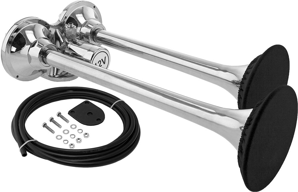 VIXEN HORNS VXH2140SS/P DUAL TRUMPET STAINLESS STEEL TRAIN AIR HORN WITH COVERS CHROME COLOR image 0