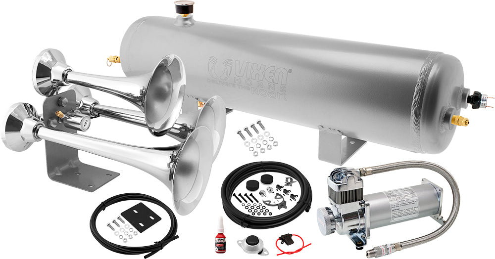 VIXEN HORNS VXO8330APRO/3318C TRIPLE TRUMPET TRAIN AIR HORN CHROME PLATED WITH 3 GALLON ALUMINUM TANK AND 200 PSI COMPRESSOR image 0