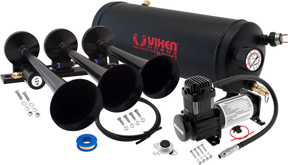 VIXEN HORNS VXO8115B/3118B TRIPLE TRUMPET TRAIN AIR HORN BLACK WITH 1.5 GALLON TANK AND 150 PSI COMPRESSOR image 0