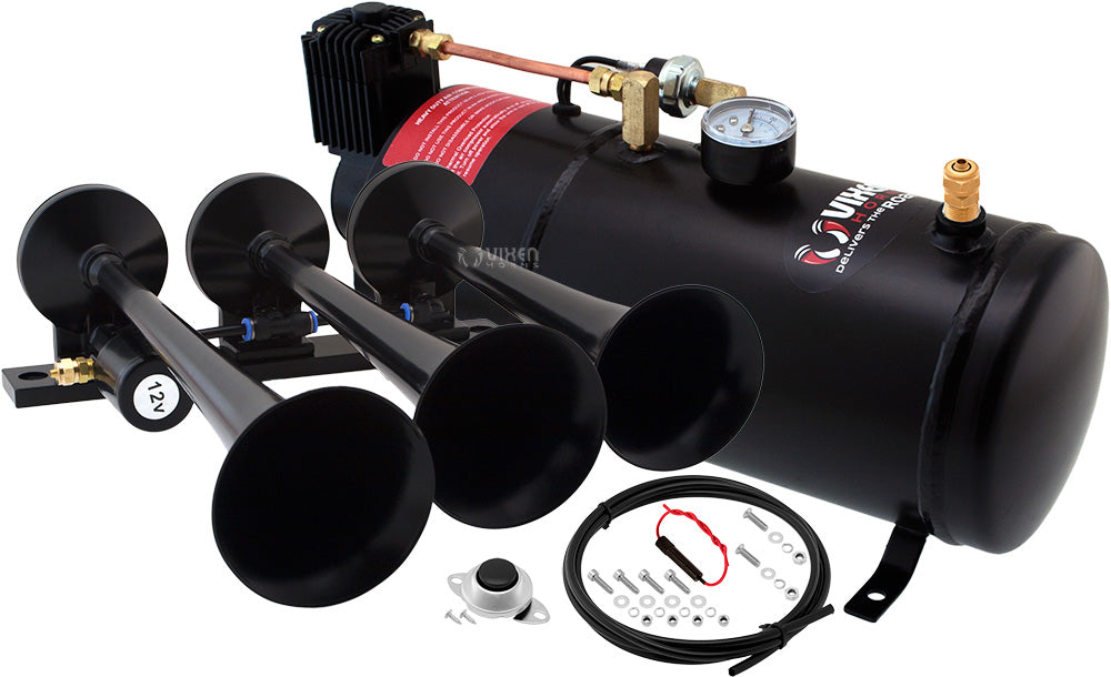 VIXEN HORNS VXO8210/3118B TRIPLE TRUMPET TRAIN AIR HORN BLACK WITH 1 GALLON TANK AND 150 PSI COMPRESSOR image 0