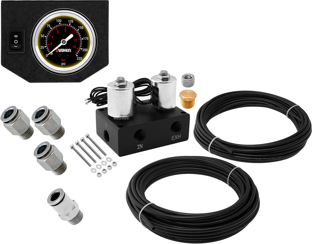 VIXEN AIR VXF1CM01B 2 VALVE SUSPENSION MANIFOLD WITH ONE SINGLE NEEDLE BLACK GAUGE PANEL, 3/8" OD HOSE 50 FT, 1/4" OD HOSE 35 FT AND FITTINGS image 0