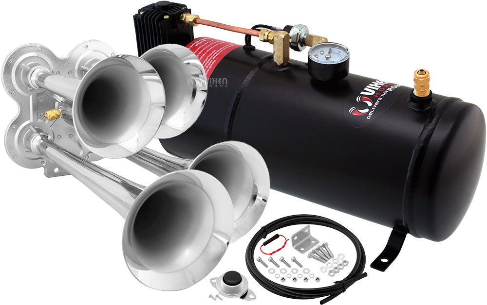 VIXEN HORNS VXO8210/4114 QUAD TRUMPET TRAIN AIR HORN CHROME PLATED WITH 1 GALLON TANK AND 150 PSI COMPRESSOR image 0