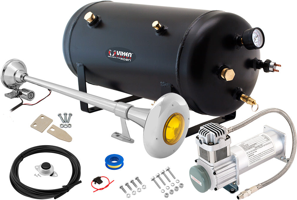VIXEN HORNS VXO8350/1164Y SINGLE TRUMPET TRAIN AIR HORN CHROME PLATED WITH 5 GALLON TANK AND 200 PSI COMPRESSOR image 0