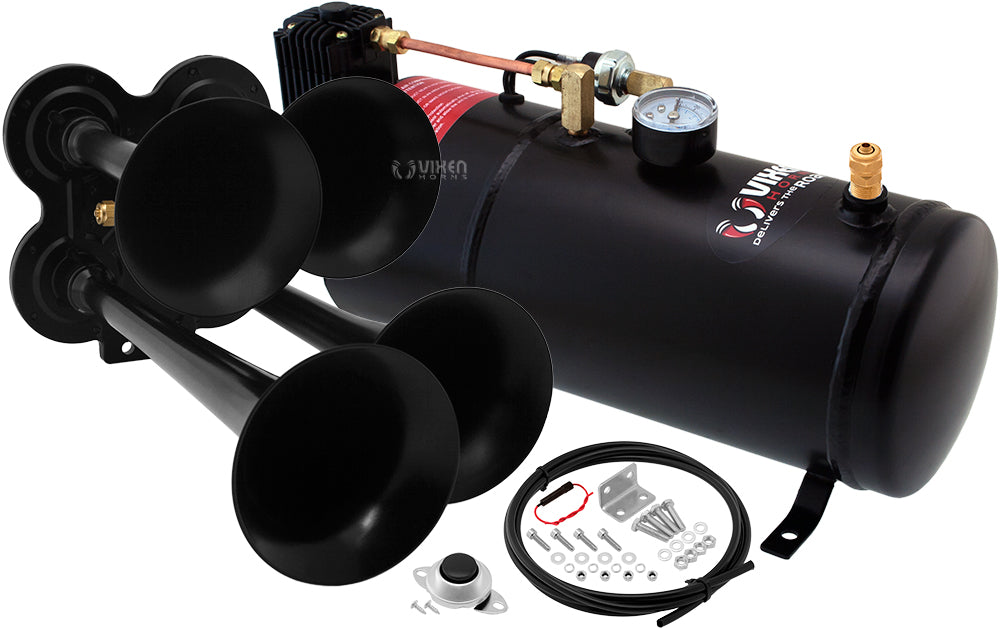 VIXEN HORNS VXO8210/4114B QUAD TRUMPET TRAIN AIR HORN BLACK WITH 1 GALLON TANK AND 150 PSI COMPRESSOR image 0