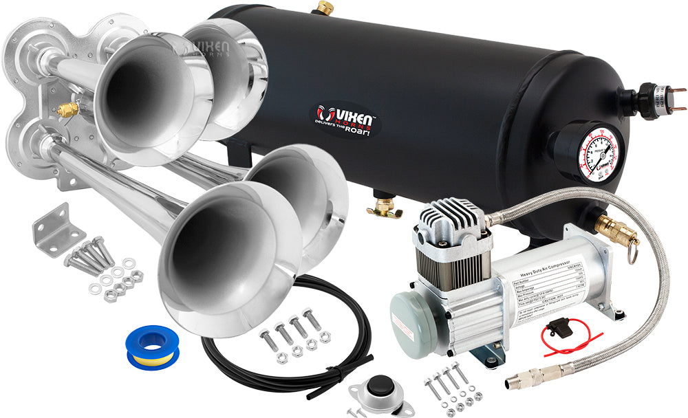 VIXEN HORNS VXO8115/4114 QUAD TRUMPET TRAIN AIR HORN CHROME PLATED WITH 1.5 GALLON TANK AND 150 PSI COMPRESSOR image 0