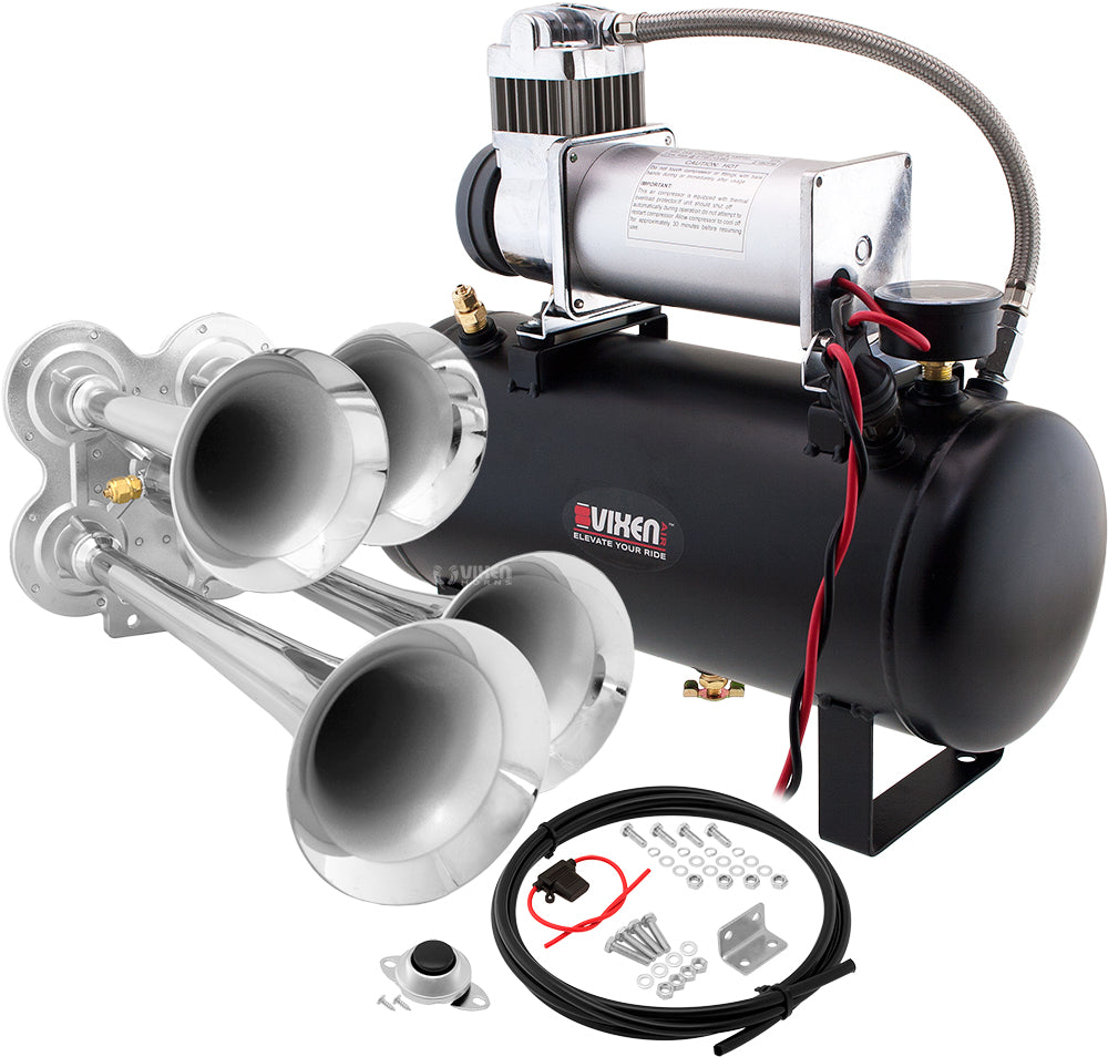 VIXEN HORNS VXO8560/4114C QUAD TRUMPET TRAIN AIR HORN CHROME PLATED WITH 2 GALLON TANK AND 150 PSI COMPRESSOR image 0