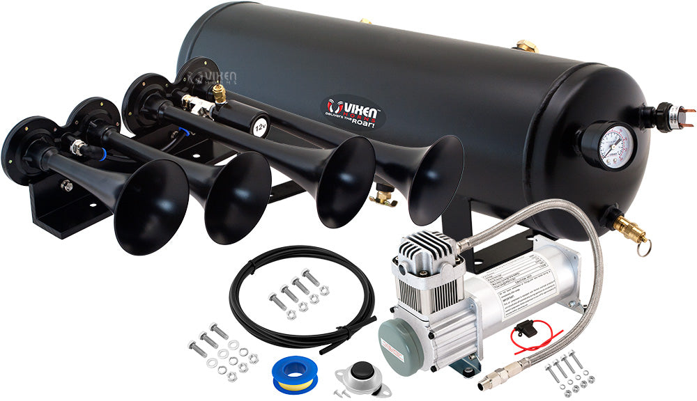 VIXEN HORNS VXO8330/4124B QUAD TRUMPET TRAIN AIR HORN BLACK WITH 3 GALLON TANK AND 200 PSI COMPRESSOR image 0