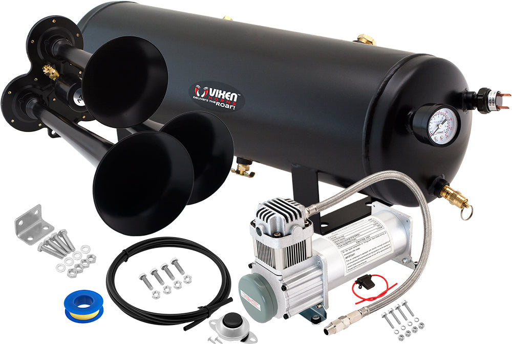 VIXEN HORNS VXO8330/3114B TRIPLE TRUMPET TRAIN AIR HORN BLACK WITH 3 GALLON TANK AND 200 PSI COMPRESSOR image 0