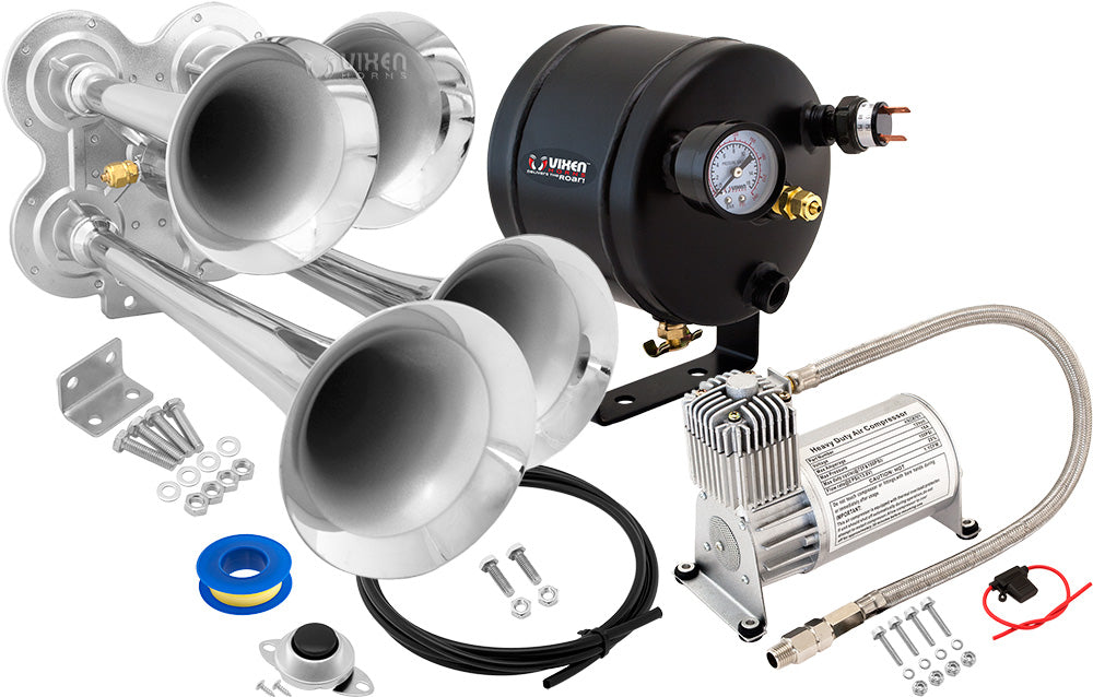 VIXEN HORNS VXO8705/4114 QUAD TRUMPET TRAIN AIR HORN CHROME PLATED WITH 0.5 GALLON TANK AND 150 PSI COMPRESSOR image 0