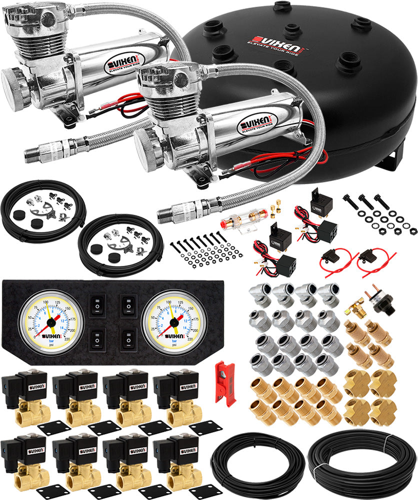VIXEN AIR VXX1209GW/4840DC AIR SUSPENSION KIT FOR TRUCK/CAR BAG/AIR RIDE/SPRING. ON BOARD SYSTEM, DUAL 200PSI COMPRESSOR, 4 GALLON TANK image 0
