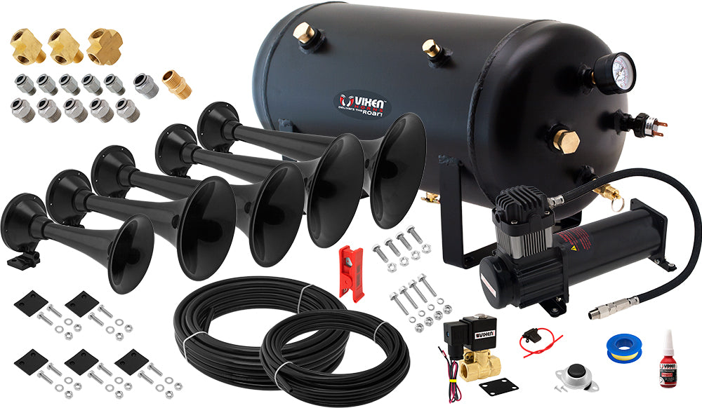 VIXEN HORNS VXO8350B/5901B QUINTUPLE TRUMPET ABS TRAIN AIR HORN BLACK WITH 5 GALLON TANK AND 200 PSI COMPRESSOR image 0