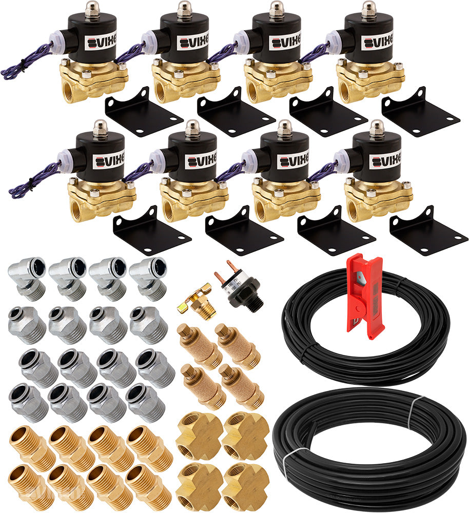 VIXEN AIR VXK1208H 1/2" NPT AIR RIDE SUSPENSION HIGH FLOW ELECTRIC AIR VALVES/SOLENOIDS 210 PSI FOUR CORNERS WITH FITTINGS AND HOSES image 0