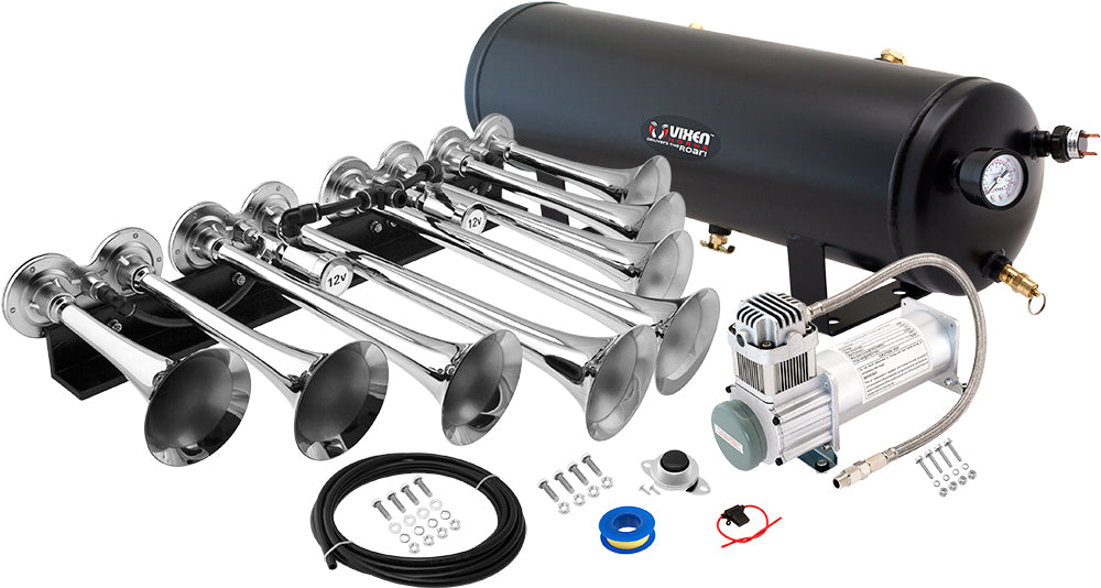 VIXEN HORNS OCTOPOD™ VXO8330/8124XC OCTO TRUMPET TRAIN AIR HORN CHROME PLATED WITH 3 GALLON TANK AND 200 PSI COMPRESSOR image 0