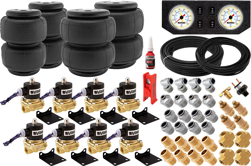 VIXEN AIR VXK1208PW 1/2" NPT AIR RIDE SUSPENSION HIGH FLOW AIR VALVES WITH FOUR AIR SPRINGS, PRESSURE SWITCH, GAUGE DASH PANEL, HOSES AND FITTINGS image 0