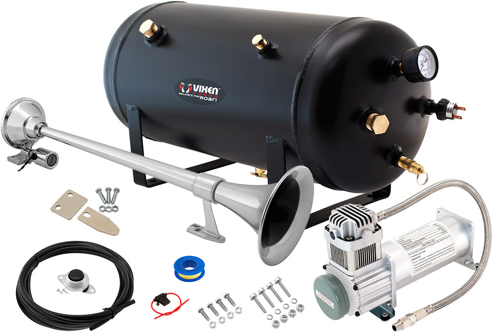 VIXEN HORNS VXO8350/1164 SINGLE TRUMPET TRAIN AIR HORN CHROME PLATED WITH 5 GALLON TANK AND 200 PSI COMPRESSOR image 0