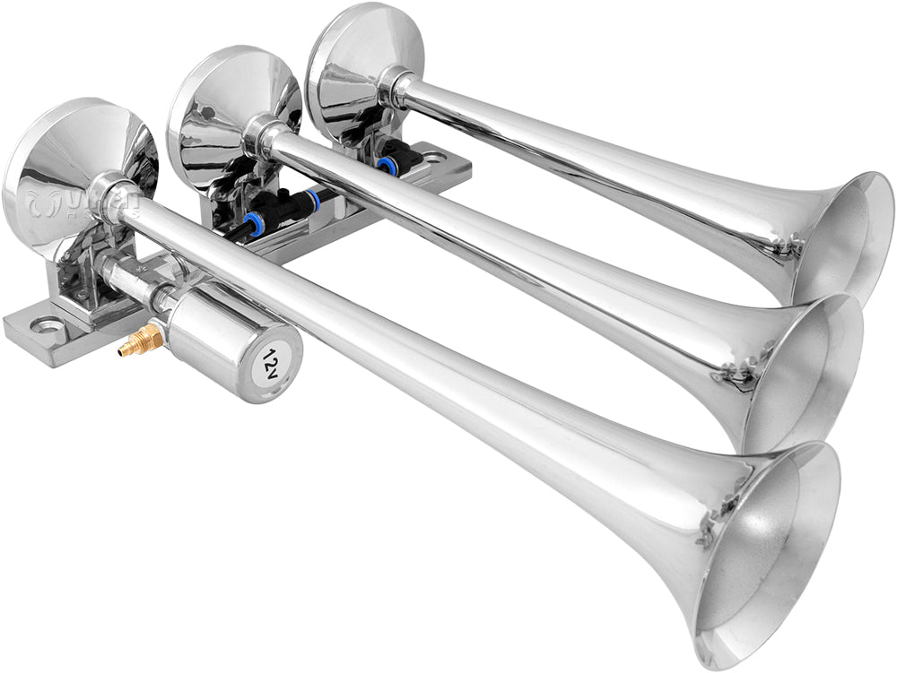 VIXEN HORNS VXO8210/3118 TRIPLE TRUMPET TRAIN AIR HORN CHROME PLATED WITH 1 GALLON TANK AND 150 PSI COMPRESSOR image 1