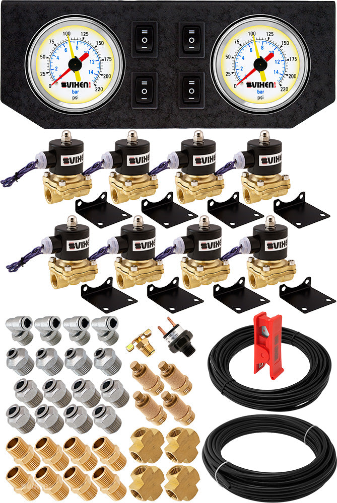 VIXEN AIR VXK1204GW 1/2" NPT AIR RIDE SUSPENSION HIGH FLOW AIR VALVES/SOLENOIDS 210 PSI FOUR CORNERS WITH DUAL WHITE GAUGE, FITTINGS AND HOSES image 0