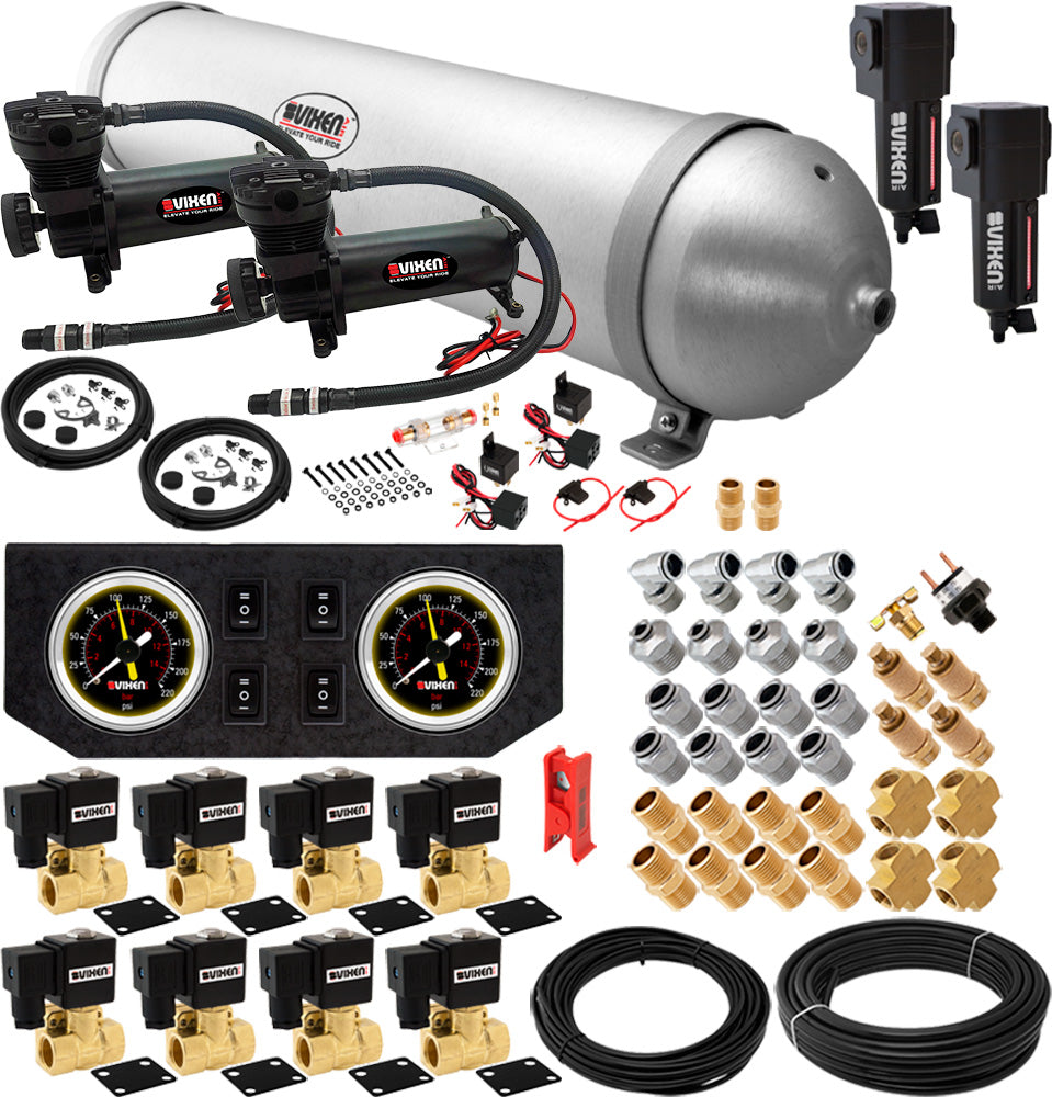 VIXEN AIR VXX1209GB/4850DBF AIR SUSPENSION KIT FOR TRUCK/CAR BAG/AIR RIDE/SPRING. ON BOARD SYSTEM, DUAL 200PSI COMPRESSOR, 5 GALLON ALUMINUM TANK image 0