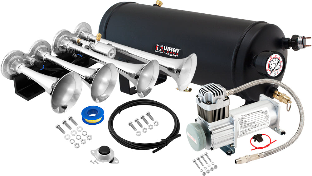 VIXEN HORNS VXO8115/4124C QUAD TRUMPET TRAIN AIR HORN CHROME PLATED WITH 1.5 GALLON TANK AND 150 PSI COMPRESSOR image 0